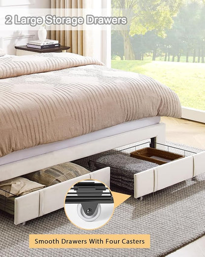King Size Bed Frame, Velvet Upholstered LED Platform Bed with Headboard Storage, King Bed Frame Built-in Charging Station with 2 Drawers, Wood Slat Support, No Box Spring Needed, Beige