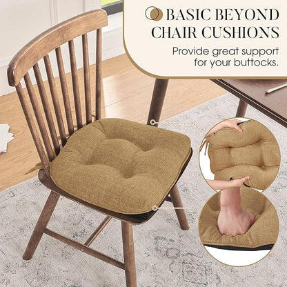 Basic Beyond Chair Cushions for Dining Chairs 4 Pack, Chair Cushion with Ties and Non Slip Backing, 15.5 x 15.5 inches Tufted Chair Pads for Dining Chairs(Taupe)