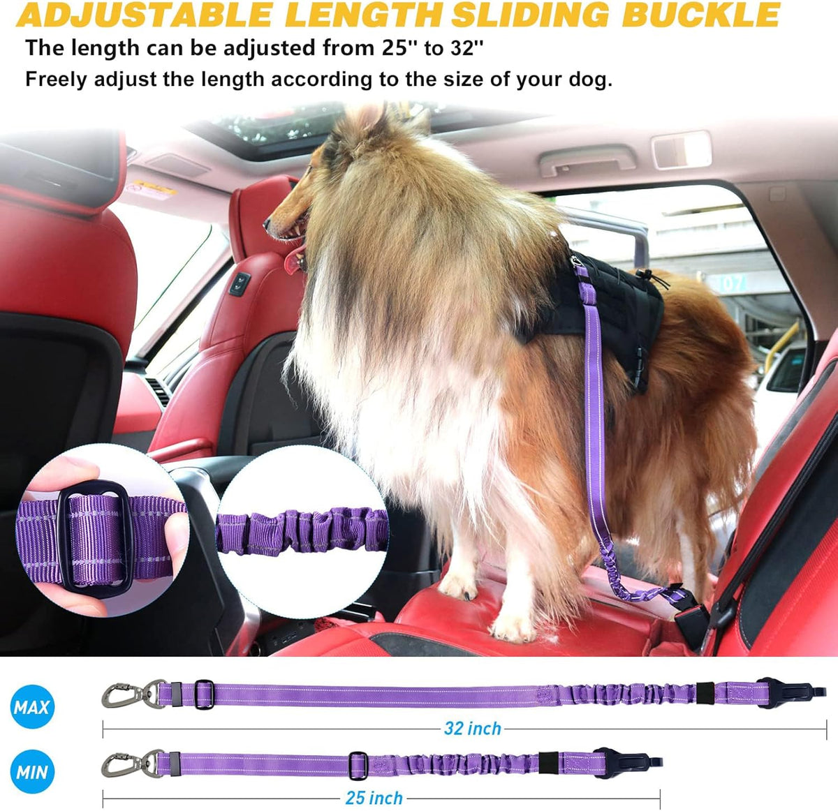 AUBELL Dog Seat Belt for Car,2 Pack Set 3-in-1 Adjustable Reflective Bungee Heavy Duty Dog Car Harness Tether with Clip Hook Latch & Buckle,Swivel Zinc Alloy Carabiner,Black+Purple