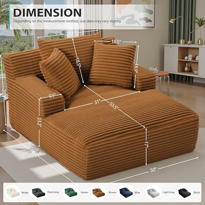 50 Inches Chaise Lounge Indoor, Oversized Chaise Lounge Chair with 3 Throw Pillows and Armrests, Corduroy Upholstered Plush Sofa Bed Lazy Chair Bed Sleeper Chair for Living Room Apartment (Orange)