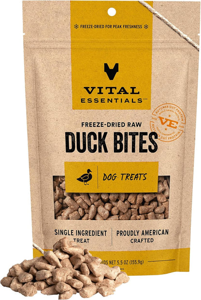 Vital Essentials Duck Bites Dog Treats, 5.5 oz | Freeze-Dried Raw | Single Protein | Premium Quality High Protein Training Treats | Grain Free, Gluten Free, Filler Free