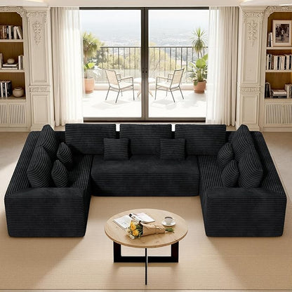 136'' Large Sectional Cloud Couches with Chaise, U Shaped Boneless Loveseat Sofa, No Assembly Required Deep Seat Modular Lounge for Living Room 3PCS Set, Bedroom(Black)