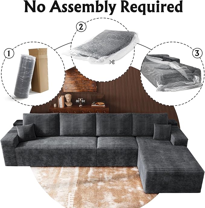 3-Piece Boneless Modular Sectional Sofa, Cloud Couch with Right Facing Chaise, Oversized Deep Seat, Soft Corduroy Fabric, Sectional Couch for Living Room-Grey
