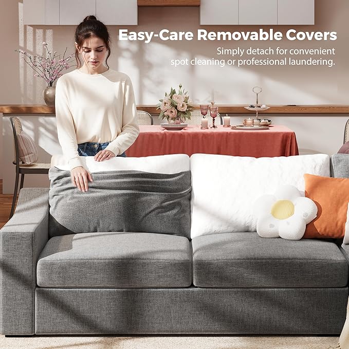 ABCASA 85" W Loveseat Couches for Living Room,Modern Linen Sofa with Removable Cover, Wide Armrest, Solid Wood Frame, Medium Firm Seat Cushion for Bedroom Office Apartment, Easy to Install, Grey