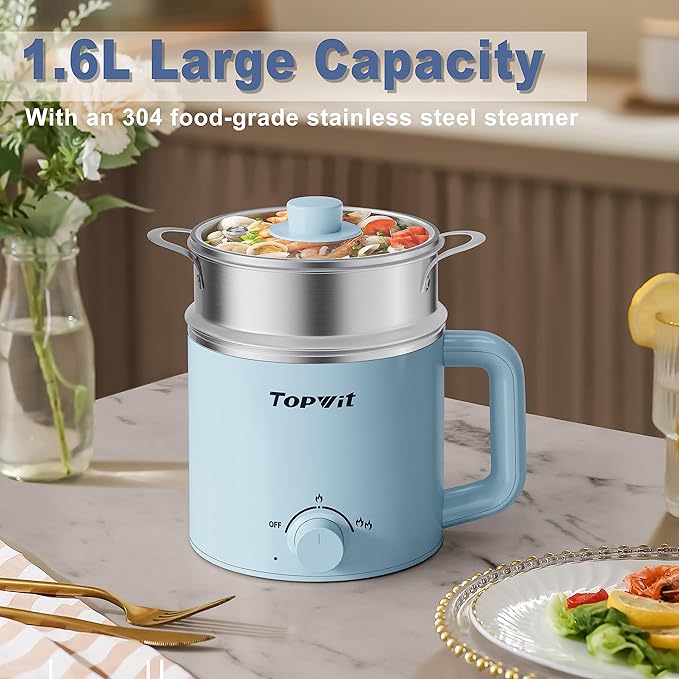 Topwit Hot Pot Electric with Steamer, 1.6L Ramen Cooker, Electric Pot