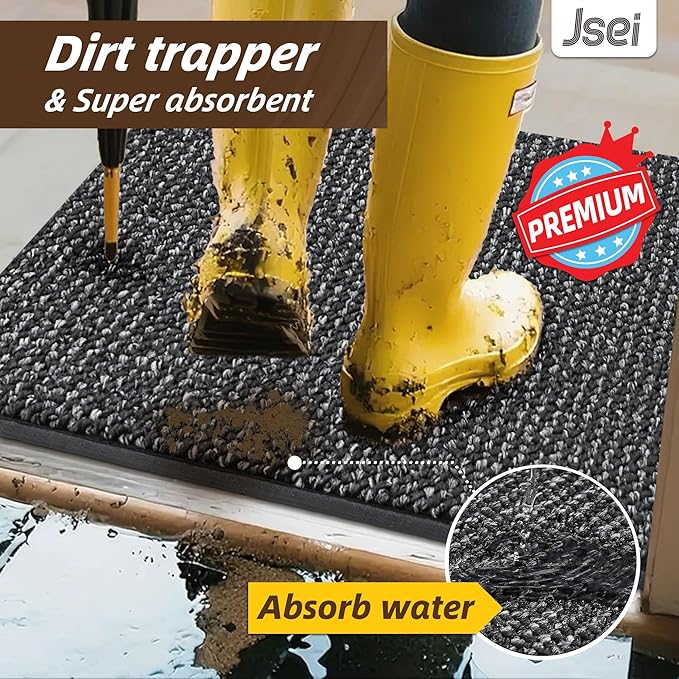 JSEI Dirt Trapper Door Mat 24"x36" Non-Slip Washable Entrance Mat, Dog Doormats, Absorbent & Fade-Resistant Floor Mats, Low Profile Welcome Mats for Entryway, Front Door, and Inside Entrance, Charcoal