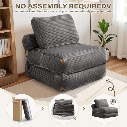 75'' Foldable Sofa Bed,Convertible Folding Sleeper Chair Bed,Grey Foldable Single Sofa Foam Filling Couch with Pillow, Comfy Corduroy Lazy Floor Sofa for Small Room Bedroom Apartment