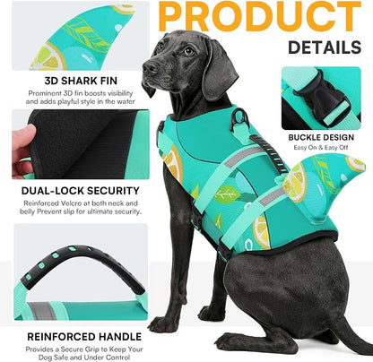 Dog Life Jacket,Dog Life Vest for Swimming,Dog Shark Life Jacket with Rescue Handle,Adjustable Reflective Dog Life Preserver for Large Dog,Green Print L