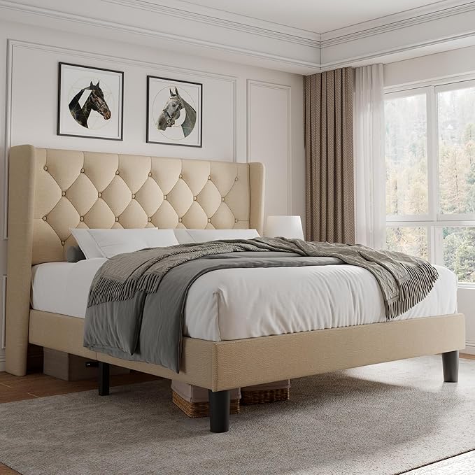 iPormis Full Size Platform Bed Frame with Button Tufted Headboard, Upholstered Bed Frame with Solid Wooden Slats, 8" Underbed Space, No Box Spring Needed, Noise Free, Easy Assembly, Beige