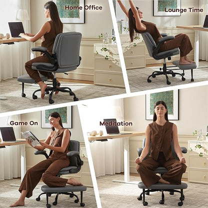 AreShark Cross Legged Office Chair: ADHD Criss Cross Desk Chair with Wheels & Stretchable Rotating Footrest - Height Adjustable Wide Yoga Kneeling Meditation Chair with Flip-up Armrests Back Support