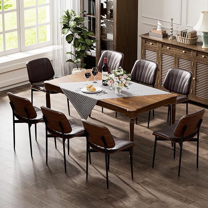 YaFiti Dining Chairs Set of 6, Dining Room and Kitchen Chairs, Mid Century Modern Accent Chair, Upholstered PU Leather Chairs for Vanity with Walnut Bentwood and Metal Legs, Brown