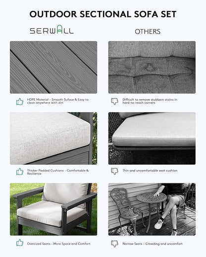 SERWALL HDPE Patio Furniture Set, 7-Piece Outdoor Sectional Sofa Set, All Weather Outdoor Couch Set for Deck, Lawn, Grey Frame with Khaki Cushion