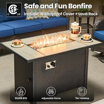 ovios 8 Pieces Patio Furniture Set, Outdoor Wicker Sofa Couch with Swivel Chairs 42" Fire Pit Table, High Back Modern All Weather Conversation Sets, Brown Rattan, Navy Blue
