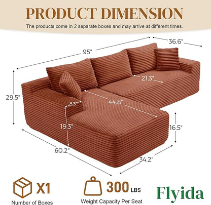 95" Boneless Cloud Sectional Couches for Living Room, Comfy Fluffy L Shaped Memory Foam Deep Seat Boneless Couch, Modular Sectional Sofa with Left Facing Chaise, Orange