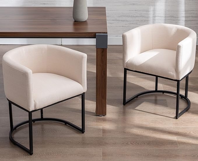 VESCASA Dining Chairs with Barrel Back, Modern Upholstered Padded Restaurant Chairs with Black Metal Frame for Kitchen, Dining Room, Set of 2, Linen Cream