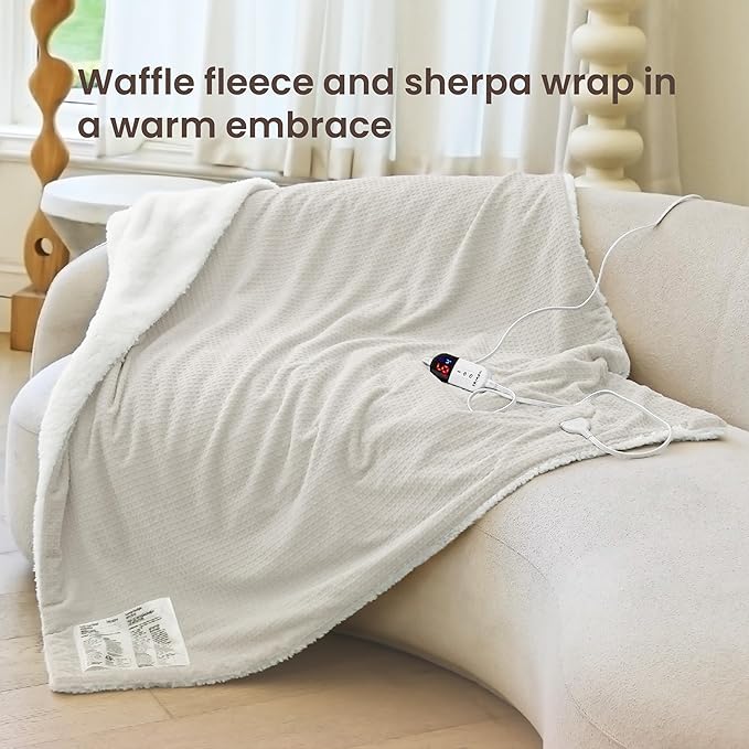 Heated Blanket Electric Throw Waffle, 50x60 Inches Sherpa Fleece Fast Heating