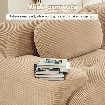 80" Modern Compressed Boneless Love Seat Couches with 2 Ottomans, 2 Seater Large Sectional Couches for Living Room, Camel Corduroy Cloud Modular Sectional Sofa, Memory Foam, Deep Loveseat, No Assembly
