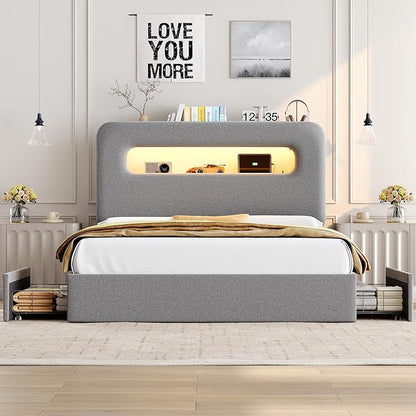 HOSTACK Queen LED Bed Frame with Storage Headboard and Charging Station, Boys Bed Frame with 2 Drawers and USB Ports, Velvet Upholstered Platform Bed Frame with Bookcase, No Box Spring Needed, Grey