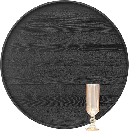 20 inch Round Solid Wood Serving Tray Extra Large Tea Coffee Snack Food Meals Serving Plate Non-Slip Kitchen Party Bar Server Ottoman Tray Breakfast Tray with Raised Edges Black