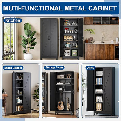 Black Tall Farmhouse Metal Pantry Linen Storage Cabinet and Organizers