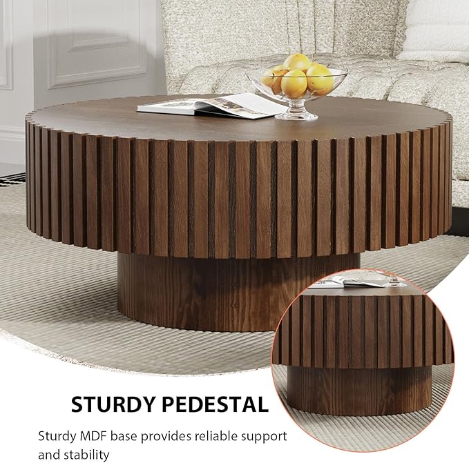 Round Coffee Table, Handcrafted Fluted Drum Coffee Tables Modern Wood Coffee Table Circle Drum Center Table for Living Room, Apartment (Round Brown)