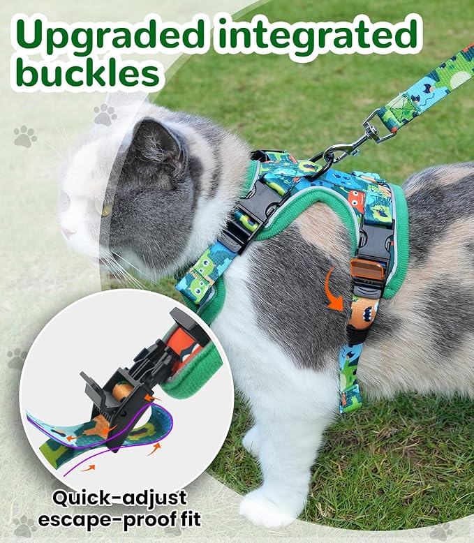 Halypet Cat Harness and Leash Set for Walking, Escape Proof Adjustable Vest Harness with 3-in-1 Integrated Buckles, Easy Control Soft Breathable Mesh with Reflective Strips for Cats, S Green Monster