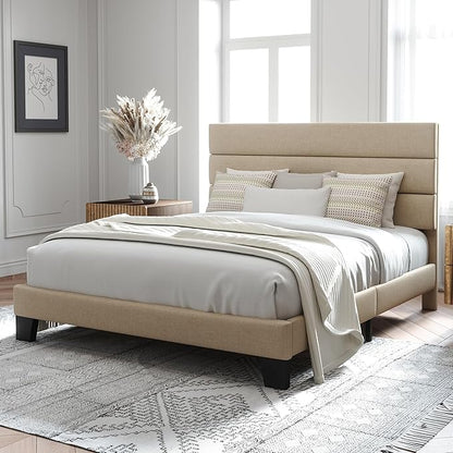 Allewie Queen Size Platform Bed Frame with Fabric Upholstered Headboard and Wooden Slats Support, Fully Upholstered Mattress Foundation/No Box Spring Needed/Easy Assembly, Beige