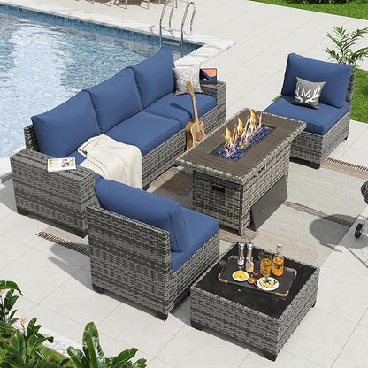 Aoxun 7 Pieces Patio Furniture Set with 40” Fire Pit Table Wicker Rattan Outdoor Sectional Conversation Set with Coffee Table and 4” Thickened Cushions, Blue(Waterproof Cover Included)