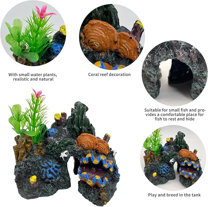 PINVNBY Aquarium Coral Reef Decor Resin Fish Tank Decorations Rock Mountain Cave Ornaments for Goldfish Betta Fish Sleep Rest Hide Play Breed with 4 PCS Aquatic Plants (Small Size)