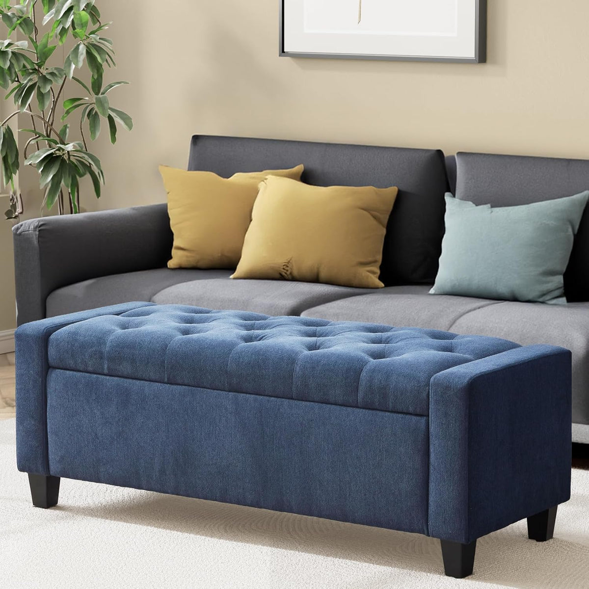 Ottoman with Storage, 48.8" Fabric Storage Ottoman Bench with Hinge, Bedroom Bench, Upholstered Benches with Seating for Living Room, Entryway (Dark Blue)