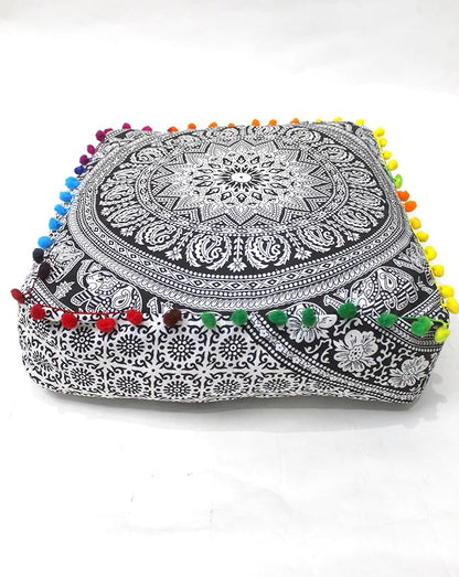 CRAFT KALA Black Elephant Flower Large Hippie Mandala Meditation Floor Ottoman Pillow Cushion Pouf Cover Square Poufs Bohemian Floor Cushion Case Outdoor Fireplace Living Room Decor Cover 16" Square