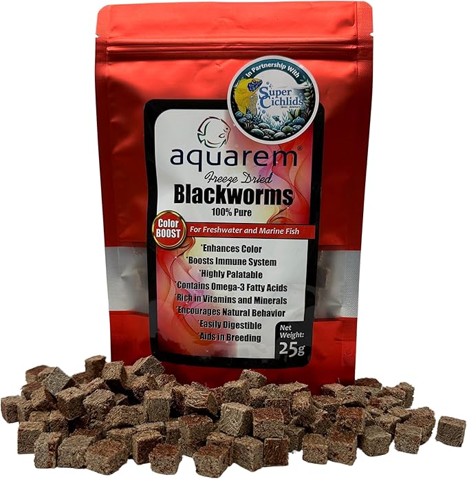Super Cichlids Freeze Dried Blackworms with Color Boost - Great for Tropical & Marine Aquariums - High Protein, No Preservatives - Live Blackworms Replacement (25 Grams)