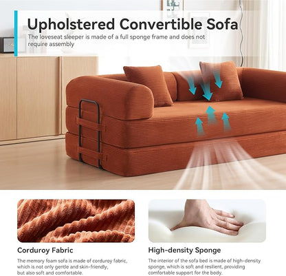 Convertible Sleeper Sofa Bed with Cylindrical Pillow, Modern Corduroy Futon Bed, Modular Sofa with Pull-Out Bed, Love Seat Sleeper for Living Room, Small Space Apartment, Office (Orange)