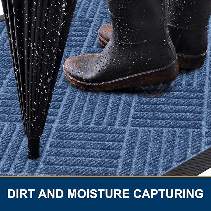 Smiry Front Door Mat Outside Entrance, Heavy Duty Outdoor Indoor Natural Rubber Doormat, Non Slip, Trap Dirt and Moisture, Easy Clean, Low Profile Patio Porch Entryway Mat, 35x23, Blue