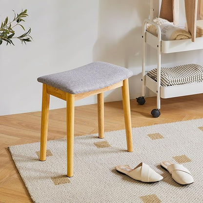 IBUYKE Saddle Cushion Vanity Stool Chair, Foot Rest Stool with Solid Wood Legs, Modern Vanity Bench Ottoman for Piano, Upholstered Seat for Bedroom, Entryway, Wooden Legs&Light Linen WBD007NY