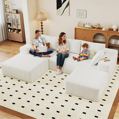 96" U-Shape Cloud Couch, Modern Modular Sectional L-Shape Sofa with Ottoman, Corduroy Upholstered Couches Deep Seat Sleeper Chaise Longue for Living Room, No Assembly Required(White, Left Facing)