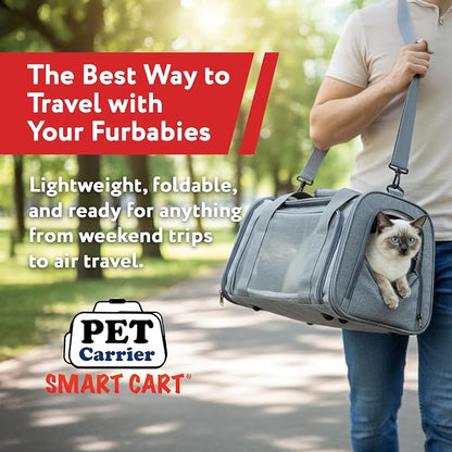 dbest Products Pet Smart Cart Sport, Soft Sided Collapsible Cat Carrier Airline Approved with Mesh Panels and Easy Side/Top Loading, Grey
