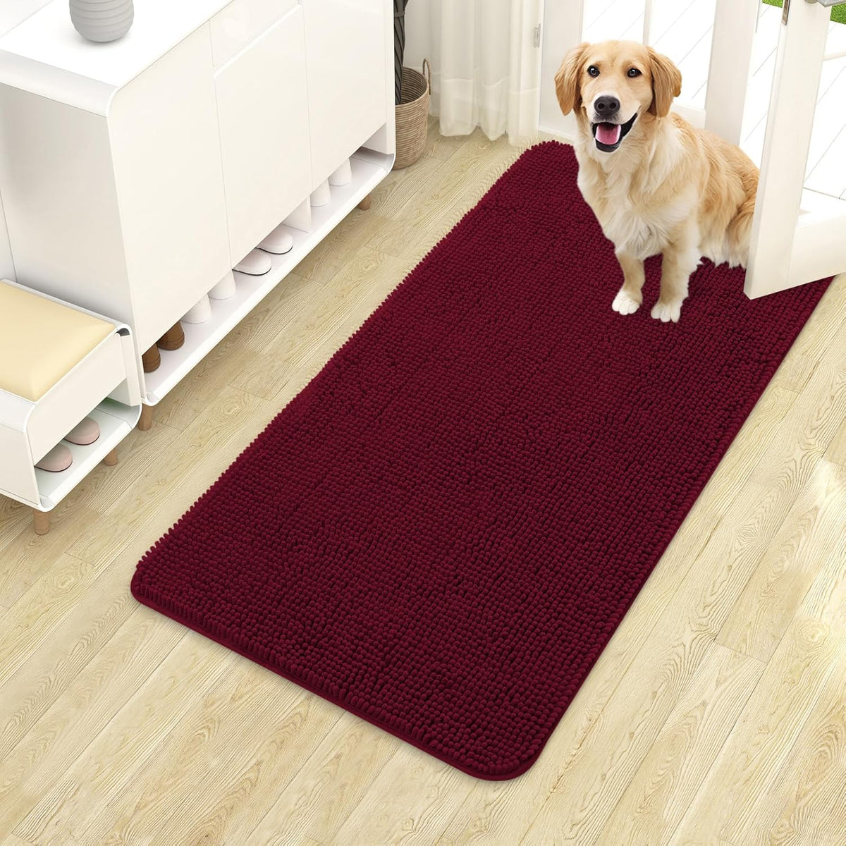 OLANLY Dog Door Mat for Muddy Paws 40x24, Absorbs Moisture and Dirt, Absorbent Non-Slip Washable Doormat, Quick Dry Chenille Mud Mat for Dogs, Entry Indoor Entryway Carpet for Inside Floor, Burgundy
