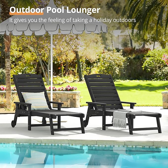 LUE BONA Chaise Lounge Chair with Table, 6-Piece, HDPS Chaise Lounger, 5 Positions Adjustable Lounge Chairs, Pool Lounge Chair with Wheels for Poolside, Backyard, Black