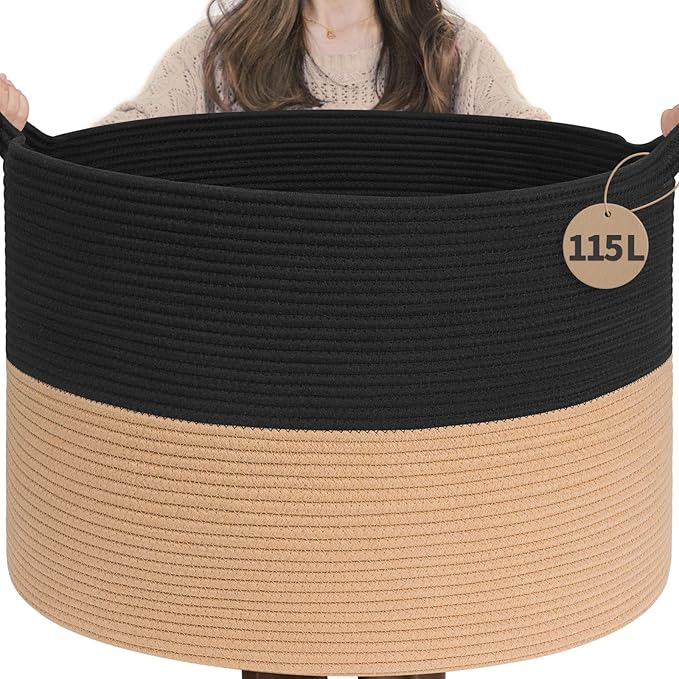 INDRESSME 115L Extra Large Cotton Rope Blanket Basket for Nursery, Boho Decor Baby Laundry Baskets for Kids Toy Organizer Storage Bin for Dirty Clothes Pillows Towel, Black & Camel