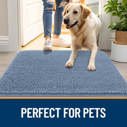 OLANLY Dog Door Mat for Muddy Paws 47x20, Absorbs Moisture and Dirt, Absorbent Non-Slip Washable Doormat, Quick Dry Chenille Mud Mat for Dogs, Entry Indoor Entryway Carpet for Inside Floor, Airy Blue