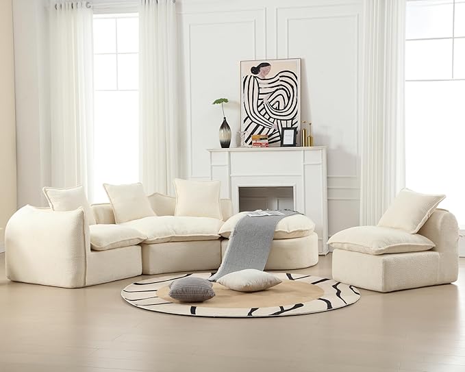 137.8” Curved Boucle Sofa Couch, Modern Sectional Sofa Cloud Deep Seat Couch with 4 Pillows, Comfy Modular 5-Seat Couches for Living Room Apartment (Beige)