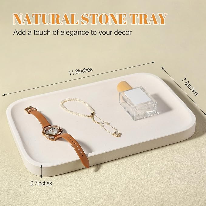 Koville Marble Tray, 12"x8" Marble Vanity Tray for Bathroom Kitchen Countertop, Rectangular Stone Tray for Cosmetics Perfume Trinket, Decorative Catchall Trays (Lymra Limestone)