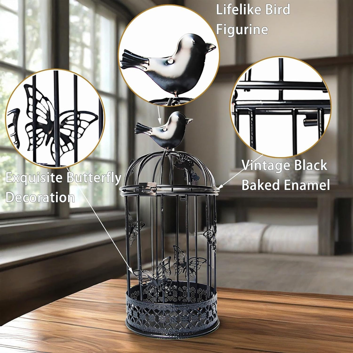 Vintage Decorative Bird Cage，Metal Black Bird Cage Decor for Candelabros para Centros De Mesa & Lanterns Decorative Indoor Suitable Wedding Party, Dining Table，Fireplace Metal Lantern&Bird Cage Decor
