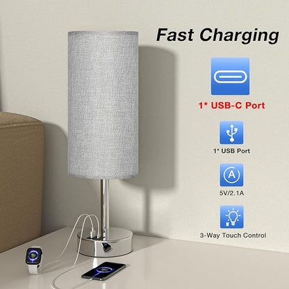 Grey Touch Nightstand Lamps for Girl - Small Bedside Lamp with USB-C and USB Charging Ports, 3 Way Dimmable Control Table Lamp for Living Room Office, Dorm, Reading with Fabric Shade Silver Base