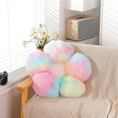 Faux Fur Pillow,Flower Shaped Throw Pillow Butt Cushion Flower Floor Pillow,Seating Cushion,Cute Room Decor & Plush Pillow for Bedroom Sofa Chair (19.7 Inches, Rainbow Pink)