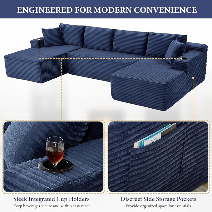 133" Couches for Living Room Deep-Seat Sectional Couch for Living Room Corduroy Boneless Couchs U-Shape Cloud Couch Flexible Modular Sectional Sofa with Chaise Lounge (Blue, with Cup Holder)