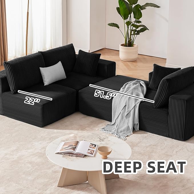 108” Modular Sectional Sofa, Cloud Sectional Couch with Deep Seat, Modern Modular L-Shape Sofa Couch with Chaise,Upholstered Boneless Couches for Living Room Bedroom (Black, Left Facing Chaise)