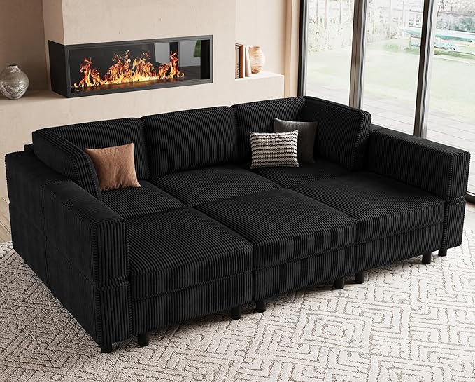 Modular Sectional Sofa 6 Seat Corduroy Sectional Sofa with Storage Ottoman, Comfy Modular Couch Sleeper Sofa Bed, Sectional Couches for Living Room, Black