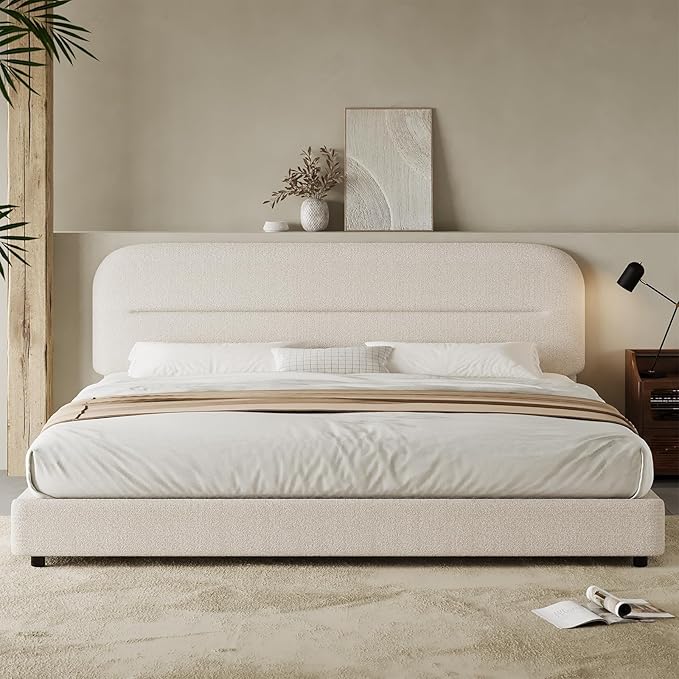 HOMBCK King Size Bed Frame, Upholstered Boucle Bed Frame King with Headboard, Soft Cloud Bed Frames with Thickened Footboard, Rounded Corners, No Box Spring Required, Easy Assembly, Cream